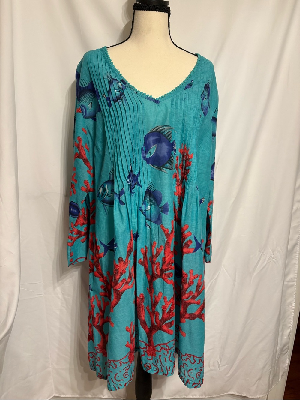 Soft Surroundings Teal Long Sleeve Dress with Red Coral and Blue Fish XL Resort